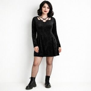 Vintage 90s JAMIE BROOKE Size 14 Black Crushed Velvet Whimsigoth Babydoll Dress